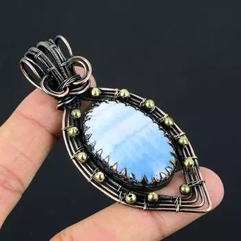 Кулон ручной работы из чистой медной проволоки Owyhee Opal Gemstone 3.35 Inches синий