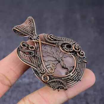 Кулон ручной работы из медной проволоки из натурального розового кварца «Древо жизни» 2,76 дюйма Z2Y20