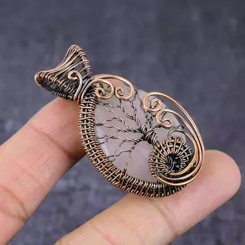 Кулон ручной работы из медной проволоки из натурального розового кварца «Древо жизни» 2,17 дюйма F6n81