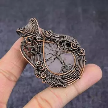 Кулон ручной работы из медной проволоки из натурального розового кварца «Древо жизни» 2,56 дюйма U1J24