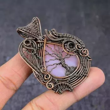 Кулон ручной работы из медной проволоки из натурального розового кварца «Древо жизни» 2,56 дюйма K8a22