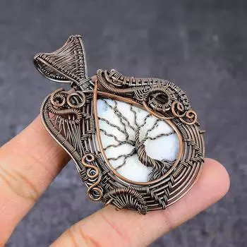 Кулон ручной работы из медной проволоки с натуральным дендритовым опалом «Древо жизни» 2,8 дюйма B9B95