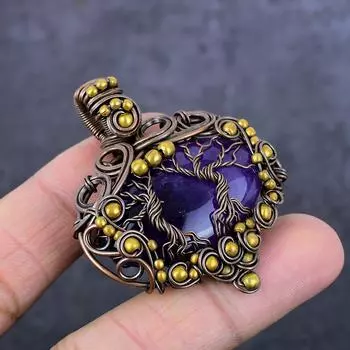 Кулон ручной работы из медной проволоки с натуральным шалфеем и аметистом «Древо жизни» 2,09 дюйма i1i55