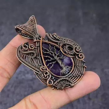 Кулон ручной работы из медной проволоки с натуральным шалфеем и аметистом «Древо жизни» 2,64 дюйма z6C14