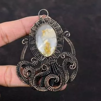 Кулон с агатом, медная проволока, обернутый кулон, драгоценный камень, осьминог, ювелирные изделия, изысканный кулон, кулон ручной работы, ювелирные изделия из медной проволоки, подарок на помолвку