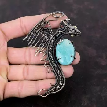 Кулон с амазонитом, медная проволока, кулон, кулон с драконом, драгоценный камень, ювелирные изделия из проволочной обмотки, кулон ручной работы, изысканные медные украшения, подарок для него