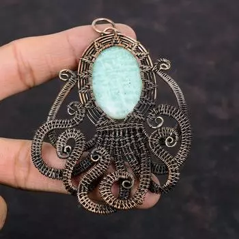 Кулон с амазонитом, медная проволока, кулон, медные украшения, кулон в виде осьминога, кулон ручной работы, обернутый проволокой, ювелирные изделия из драгоценного камня, подарок для мамы