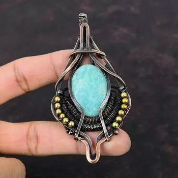 Кулон с амазонитом, медная проволока, кулон с драгоценным камнем, ювелирные изделия с амазонитом, кулон с камнем ручной работы, медная проволока, ювелирный подарок для него