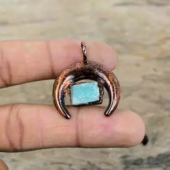 Кулон с амазонитом, медный кулон, изготовленный методом гальванопластики, кулон последнего дизайна, ювелирные изделия, изготовленные методом гальванопластики, изысканный кулон с драгоценным камнем ручной работы, подарок на годовщину