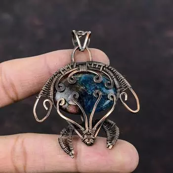 Кулон с арбузом и турмалином, медная проволока, кулон, ювелирные изделия ручной работы, черепаха, кулон с драгоценным камнем, медь, дизайнерские ювелирные изделия, подарок для мамы