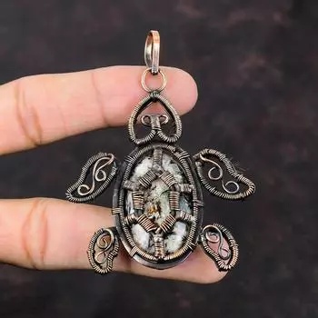 Кулон с астрофиллитом, медная проволока, кулон с драгоценным камнем, кулон с черепахой, медные украшения, кулон ручной работы, подарок для него, кулон с камнем