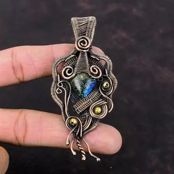 Кулон с азуритом и малахитом, кулон из медной проволоки, кулон ручной работы, уникальные медные украшения, кулон с драгоценным камнем, ювелирный подарок для мамы