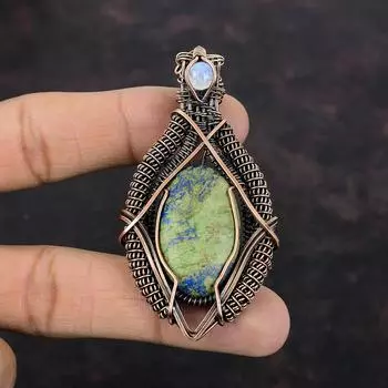 Кулон с азуритом и малахитом, кулон с радужным лунным камнем, медная проволока, кулон, ювелирные изделия из драгоценных камней для подарка, ювелирные изделия из медной проволоки ручной работы