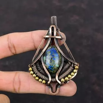 Кулон с азуритом и малахитом, медная проволока, кулон с драгоценным камнем, уникальные медные украшения, кулон ручной работы, ювелирные изделия с азуритом и малахитом, свадебный подарок