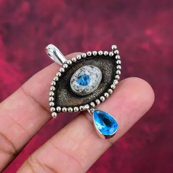 Кулон с азуритом K2, голубым топазом, ювелирные изделия из цельного серебра 925 пробы с драгоценными камнями, кулон ручной работы, на День благодарения 1.96 Inches синий
