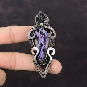 Кулон с чароитом, кулон в медной проволоке, ювелирные изделия из настоящего драгоценного камня, кулон ручной работы, медные украшения, подарок на годовщину, ювелирные изделия из проволочной обмотки