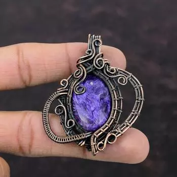 Кулон с чароитом, медная проволока, кулон, проволочная обмотка, ювелирные изделия из драгоценных камней, антикварные медные украшения, подарок для мамы, кулон ручной работы, элегантный кулон