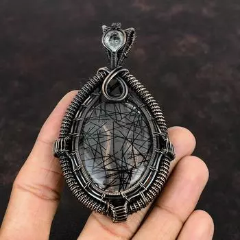 Кулон с черным рутилом, медная проволока, кулон с драгоценным камнем, ювелирные изделия с черным рутилом, кулон с белым топазом, кулон ручной работы, медные украшения для подарка