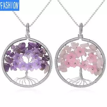 Кулон с цветочной обмоткой, ожерелье Древо жизни , женское простое ожерелье, модное европейское и американское летнее ожерелье с розовым кристаллом и аметистом watermelon