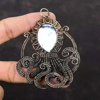 Кулон с дендритом и опалом, кулон в медной проволоке, кулон из натурального драгоценного камня, кулон ручной работы в виде осьминога, подарок для него, ювелирные изделия в медной проволоке