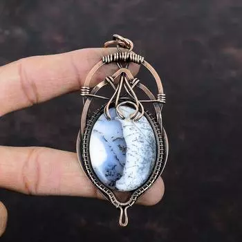 Кулон с дендритом и опалом, медная проволока, кулон, кулон с драгоценным камнем, медные украшения ручной работы, новый кулон, ювелирный подарок для нее