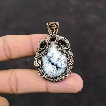Кулон с дендритом и опалом, медная проволока, кулон с драгоценным камнем, ювелирные изделия ручной работы с дендритом и опалом, женский кулон, подарок на годовщину, ювелирные изделия из медной проволоки