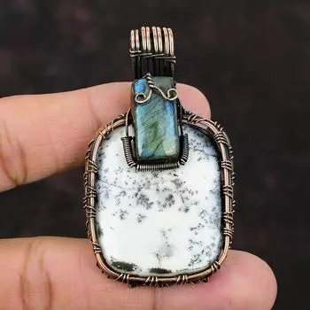 Кулон с дендритом и опалом, обернутый медной проволокой, кулон с лабрадоритом, антикварное ювелирное изделие ручной работы, подарок для нее и матери, драгоценный камень, медные украшения