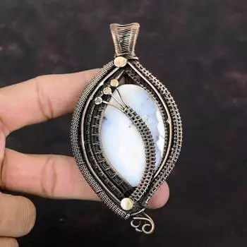 Кулон с дендритом и опалом, обернутый медной проволокой, кулон с камнем, кулон с дендритом, опалом, драгоценный камень, ювелирные изделия, кулон ручной работы, медные украшения для подарка