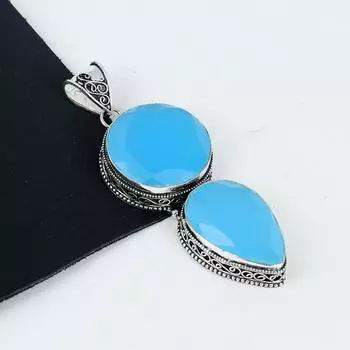 Кулон с драгоценным камнем голубой халцедон из стерлингового серебра 925 пробы - Дизайн ручной работы, Ювелирное украшение для повседневной носки, Уникальный кулон с голубым халцедоном, Подарки для вечеринок 2.95 синий