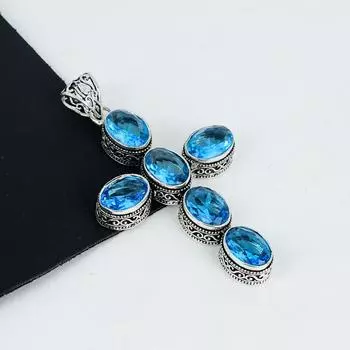 Кулон с драгоценным камнем Голубой Топаз из стерлингового серебра 925 пробы - Ручная работа, Дизайн креста, Ювелирное украшение для повседневной носки, Уникальные подарки-кулоны с Голубым Топазом 2.95 синий