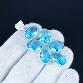 Кулон с драгоценным камнем голубой топаз из стерлингового серебра 925 пробы - Дизайн ручной работы, Ювелирное украшение на каждый день, Уникальный кулон с голубым топазом в подарок для нее 2.5 синий