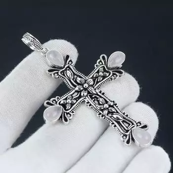 Кулон с драгоценным камнем из розового кварца Драгоценный камень из розового кварца Ручная работа Стерлинговое серебро 925 пробы Крест Подвеска для подарков Подвеска для нее Для женщин Ювелирные изделия 2.95 белый