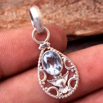 Кулон с драгоценным камнем Ювелирные изделия ручной работы Сова Кулон Стерлингового серебра 925 пробы Дизайнерские украшения синий