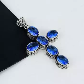 Кулон с драгоценным камнем Лондонский голубой топаз из серебра 925 пробы - Ручная работа, Дизайн креста, Украшение для повседневной носки, Уникальные подарки-кулоны с Лондонским голубым топазом 2.95 синий