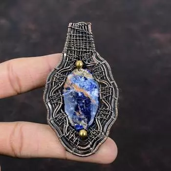 Кулон с драгоценным камнем содалит, медная проволока, медные украшения, кулон ручной работы, уникальный стиль, подарок для него, ювелирные изделия, завернутый в проволоку