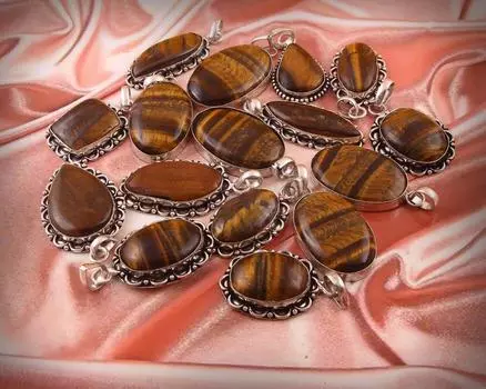 Кулон с драгоценным камнем Тигровый глаз 5 шт. Лот 925 посеребренный, оптовая продажа ювелирных изделий Free Size жёлтый