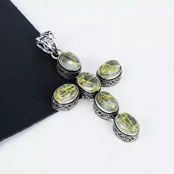 Кулон с драгоценным камнем Золотистый рутил из стерлингового серебра 925 пробы - Ручная работа, Дизайн креста, Ювелирное украшение для повседневной носки, Уникальные подарки с кулоном Золотистый рутил 2.95 жёлтый