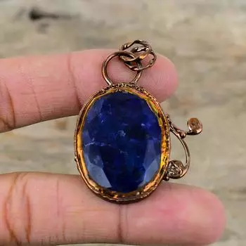 Кулон с граненым синим сапфиром, гальванопластическая медная подвеска, очень красивая подвеска из драгоценного камня, гальванопластическая бижутерия, свадебный подарок, подвеска ручной работы