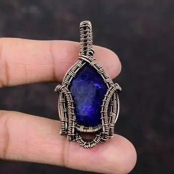 Кулон с граненым синим сапфиром, медная проволока, кулон, драгоценный камень, медные ювелирные изделия, удивительный кулон ручной работы, новый кулон, подарок для мамы