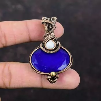 Кулон с граненым синим сапфиром, медная проволока, кулон с драгоценным камнем, кулон ручной работы с радужным лунным камнем, чудесный медный ювелирный подарок для мамы