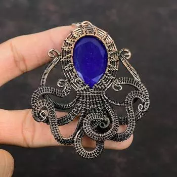 Кулон с граненым синим сапфиром, медная проволока, кулон, ювелирные изделия ручной работы, замечательный кулон с драгоценным камнем, медный осьминог, ювелирные изделия, подарок на помолвку