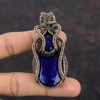 Кулон с граненым синим сапфиром, медная проволока, кулон с драгоценным камнем, медная подвеска ручной работы, дизайнерский кулон, ювелирный подарок для нее