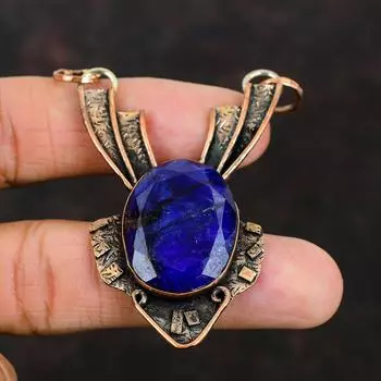 Кулон с граненым синим сапфиром, медный кулон, подвеска с драгоценным камнем, медные украшения, подвеска ручной работы, подарок на особый случай, лучшее дизайнерское украшение