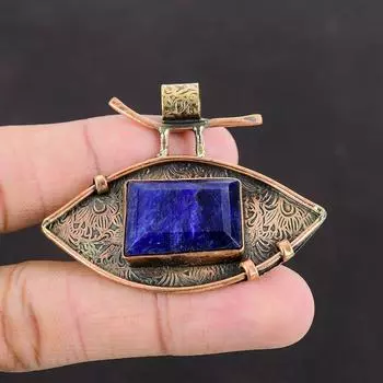 Кулон с граненым синим сапфиром, медный кулон, изящный кулон ручной работы, старинные украшения для подарков, женский кулон, натуральный драгоценный камень, медные украшения