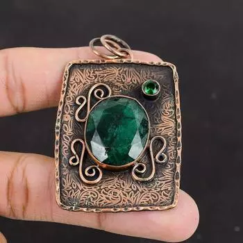 Кулон с граненым замбийским изумрудом, подвеска с хром-диопсидом, медная подвеска, подвеска из драгоценного камня высокого качества, ювелирные изделия ручной работы в стиле бохо, подарок для друга