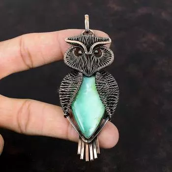Кулон с хризопразом, медная проволока, кулон, драгоценный камень, кулон в виде совы, медная подвеска ручной работы, дизайнерский кулон, ювелирный подарок для него