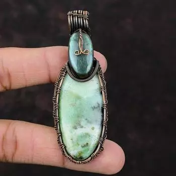 Кулон с хризопразом, медная проволока, кулон, лабрадорит, подарок для нее, кулон ручной работы, медная проволока, ювелирные изделия, кулон с драгоценным камнем