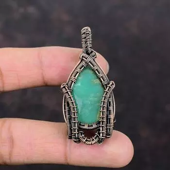 Кулон с хризопразом, медная проволока, кулон, ювелирные изделия ручной работы с хризопразом, кулон с драгоценным камнем, кулон в стиле бохо, медные украшения, подарок для него