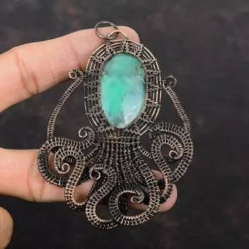 Кулон с хризопразом, медная проволока, кулон, ювелирные изделия ручной работы, кулон с драгоценным камнем для нее, медная проволока, кулон, кулон в виде осьминога для подарка