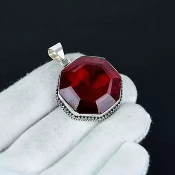 Кулон с красным гранатом, Кулон из стерлингового серебра 925 пробы, Кулон ручной работы восьмиугольной формы, Антикварный кулон, Кулон с гранатом, Подарок для него 2.16 красный